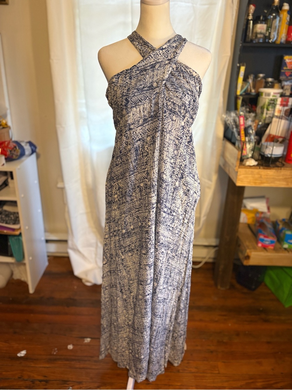 knot sisters Crossback Halter Maxi Dress in Navy and White